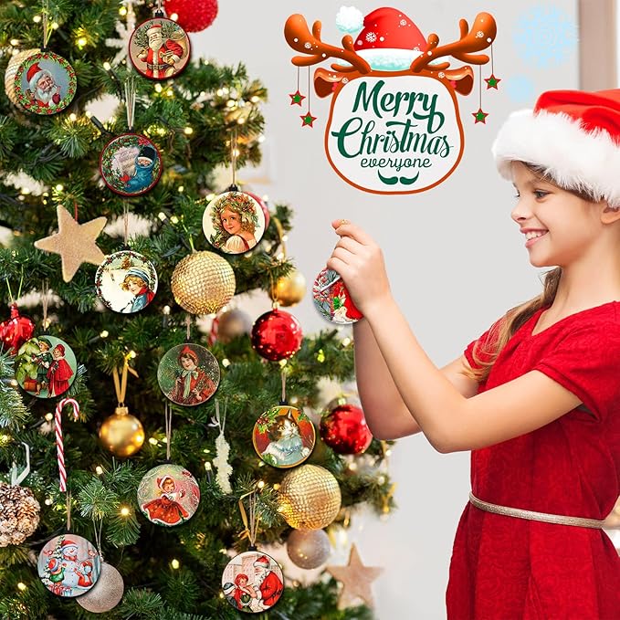 48-Piece Vintage Wood Christmas Tree Ornaments - Santa, Snowman & Retro Decor