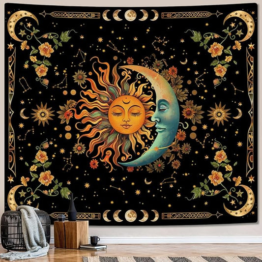 ARTCREATOR Sun and Moon Tapestry Astrology Space Wall Hanging Boho Hippie Floral Plant Tapestries Aesthetic Vintage Mandala Flower Decor for Living Room Bedroom (51" x 59")