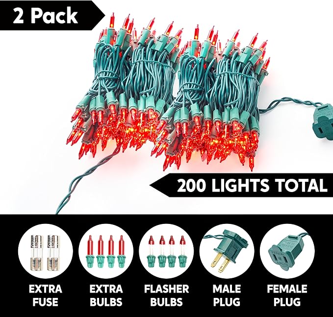 Joiedomi Red Christmas Lights Outdoor,42.8FT Christmas Tree Lights Outside,200(2x100) Count String Lights,Green Wire Xmas Lights for Decorations Indoor Holiday Theme Party Yard House