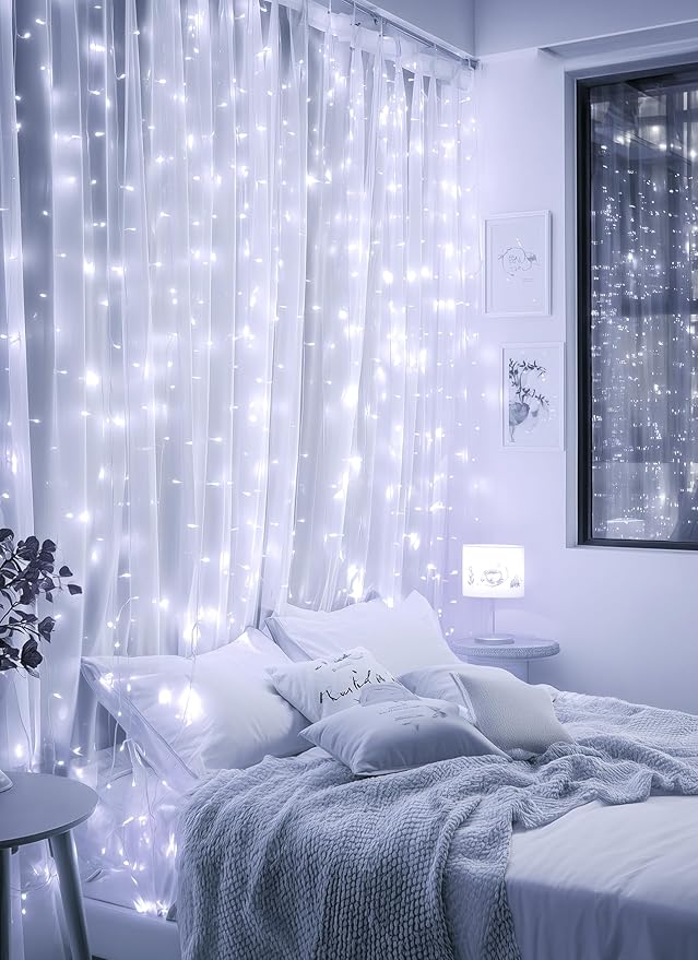 Brightown 300 LED Fairy Curtain Lights, 9.8ft x 9.8ft White Curtain String Lights, Winter Wonderland Decorations, USB Plug 8 Modes LED Christmas String Hanging Lights with Remote for Indoor Outdoor