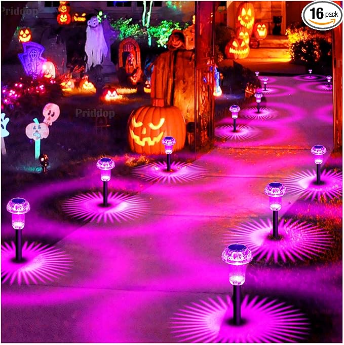 Halloween Solar Lights Outdoor 16 Pack Pink Purple LED Waterproof Mushroom Outside Lights for Yard Garden Patio Pathway Walkway Landscape Halloween Decorations
