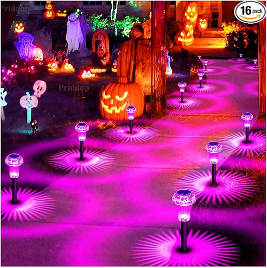 Halloween Solar Lights Outdoor 16 Pack Pink Purple LED Waterproof Mushroom Outside Lights for Yard Garden Patio Pathway Walkway Landscape Halloween Decorations