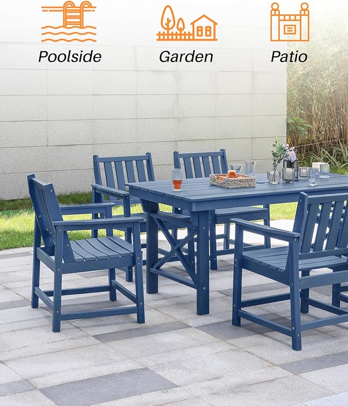 7 Pieces HDPE Outdoor Dining Set, Patio Dining Set with Umbrella Hole, All Weather Outdoor Dining Table Sets for 6, HDPE Patio Furniture Sets for Deck, Backyard, Lawn, and Poolside, Navy