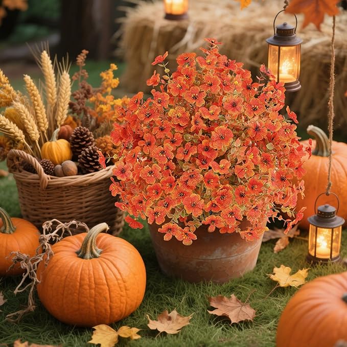 Set of 4 Artificial Fall Topiary Ball Flowers for Outdoor Decoration with Spike 20", UV Resistant Fake Autumn Floral Shrubs, Realistic Faux Bushes Plants for Garden,Yard,Porch and Patio Decor