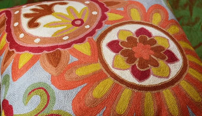 Soft Turquoise Hand Embroidered Floral Pillow Cover Flower Pillows Loral Outdoor Pillowcase Suzani Cushions Flower Chair Cushion Hand Embroidered Wool Size 18x18