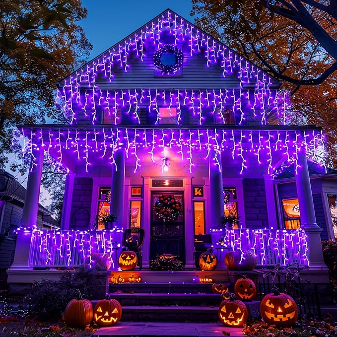 JMEXSUSS Purple Halloween Lights Outdoor, 800 LED Purple Icicle Lights Outdoor Waterproof, 8 Modes String Light Plug in for Fireplace Tree Garden Patio Halloween Decor