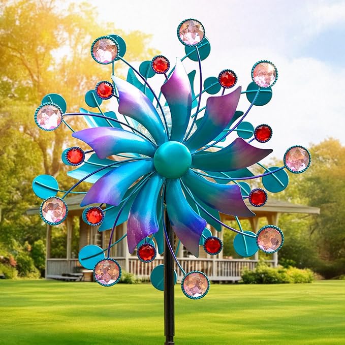 Solar Wind Spinner, 60.63 Inch Outdoor Metal Stake Yard Spinners, Solar Powered Multi-Color LED Glass Ball with Kinetic Wind Sculpture Spinner Windmills for Outdoor Lawn & Garden Decoration