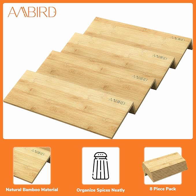 AMBIRD Bamboo Spice Drawer Organizer with Non-slip Mat,4 Tier - 2 Set Jar Spice Rack Tray From 9.5''to 19'', Seasoning Organizer for Kitchen,Cabinet,Drawers,Countertop