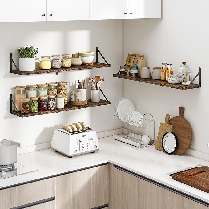 Heimlove 36 Inch Floating Bookshelves Set of 3,Heavy Duty Wall Mounted Bookshelves,Rustic Brown Wall Bookshelf for Living Room,Bedroom,Kitchen,Laundry Room Storage & Decor