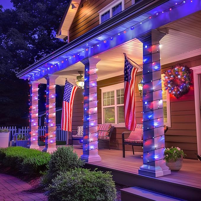 JMEXSUSS 2 Pack Red White and Blue Solar Lights 100LED 33ft Patriot Solar String Lights Waterproof, 8 Modes 4th of July Lights for Independence Day, Gardens, Tree, Outdoor 4th of July Decorations