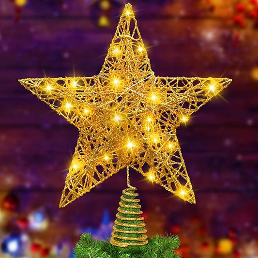 11.8 Inch LED Star Tree Topper - Gold Metal Ornament with 20 Lights for Christmas Tree Decoration