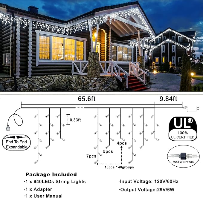 Icicle Christmas Lights Outdoor, 66FT 640 LED Icicle Lights for Outside, Waterproof & 8 Modes & Timer Function, Plug in Curtain String Light for Indoor Patio Garden Party Wedding Decorations, White