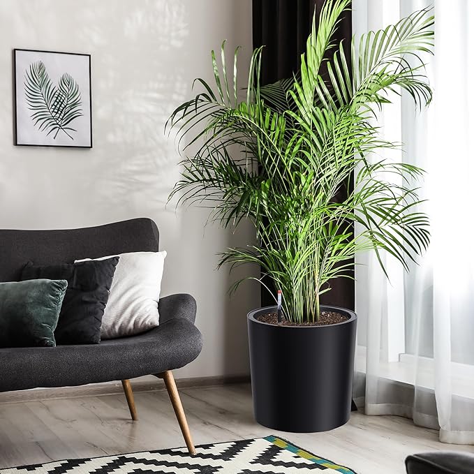 Tall Round Planter Set of 2, 19.5‘’ H x 19.9" Dia Large Planters for Indoor Plants with Built-in Drainage and a Water Level Monitor and Wheels for Patio, Porch, Living Room, or Home Office, Black