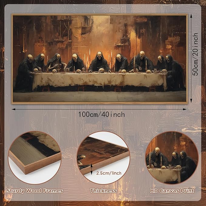 KAIRNE Framed Skeleton Canvas Wall Art,Abstract Retro Skull Print Set of 1(40”X20”),Scary Halloween Pictures,Horror Wall Art,Skeleton Last Supper Posters for Living Room Bedroom Ding Room Office Decor