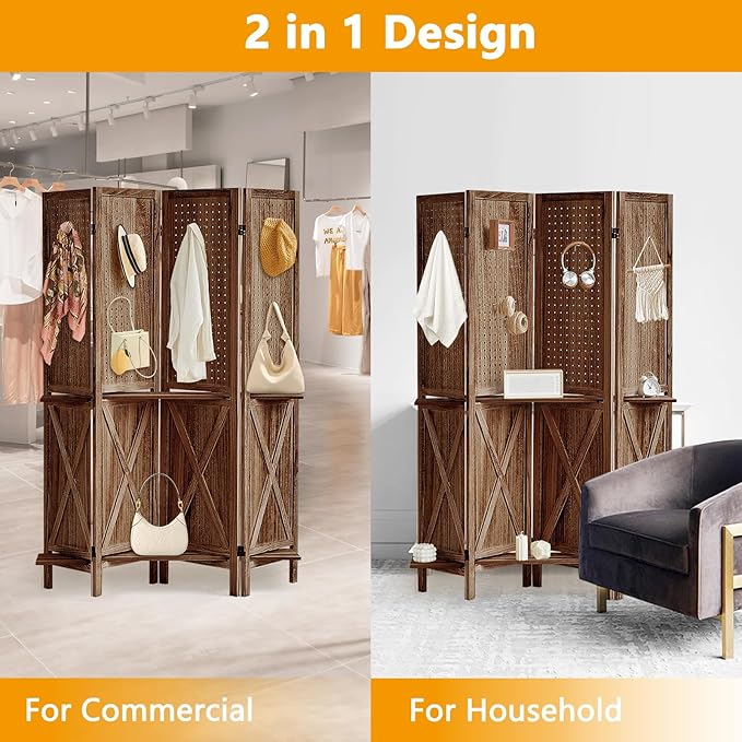 4 Panel Pegboard Display with 16 Hooks, Wooden Pegboard Room Divider Wall with Shelf, Rustic Room Dividers and Folding Privacy Screens, Bedroom, Jewelry Store, Brown