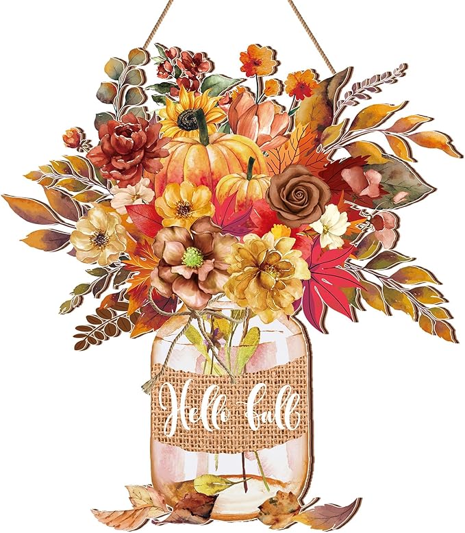 Boao Fall Welcome Door Sign Gnome Hanging Decor Thanksgiving Wooden Sign Autumn Door Decorations Pumpkin Maple Leaves Wood Hanger for Outdoor Farmhouse Front Porch