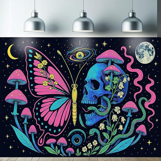 Starlit Patio Butterfly Skull Blacklight Tapestry UV Reactive Wall Hanging Mushrooms Snake and Cosmic Moon for Bedroom Dorm Living Room Glowing Psychedelic Decor Fluorescent Trippy Poster 78 x 59 Inch