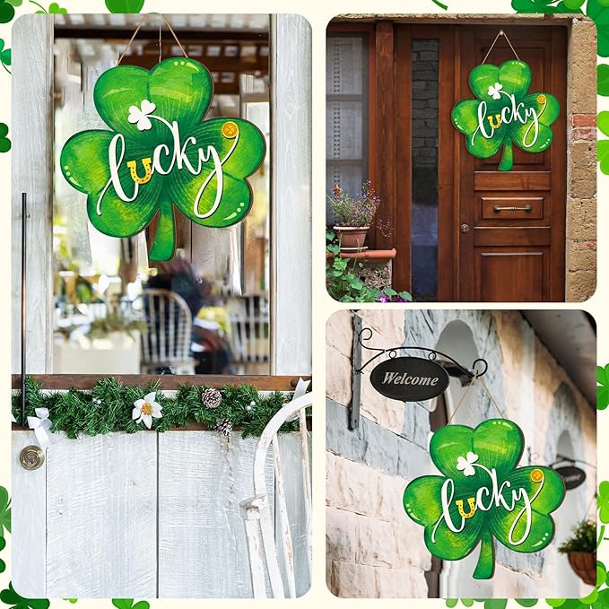 Boao St. Patrick's Day Shamrock Door Hanger Welcome Wooden Hanging Sign Lucky Irish Wood Wreath Decor for Happy St. Patrick's Day Party Front Door Wall Home Decorations