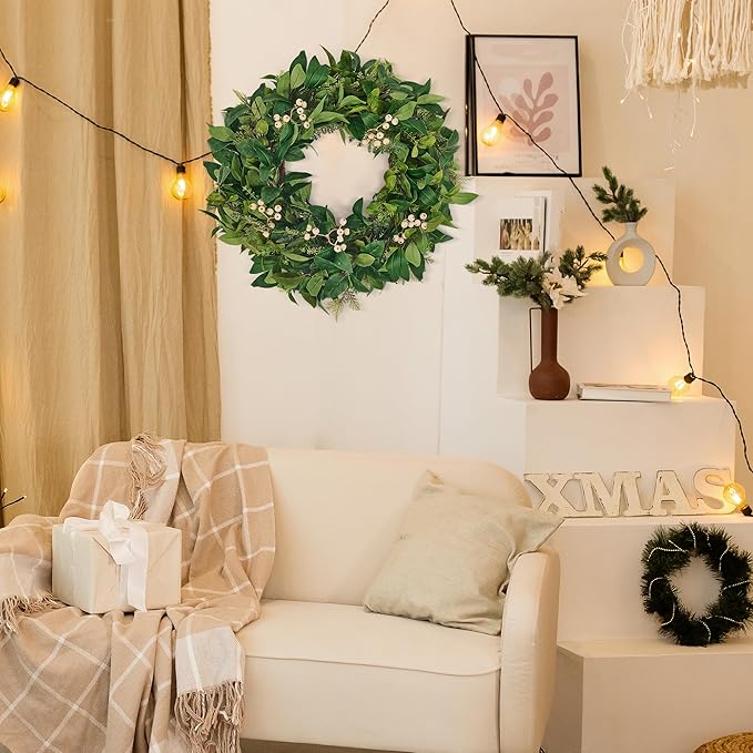 GENMOUS 24 Inch Christmas Wreaths for Front Door, Green Cypress Leaves Wreath with Cedar Laurel White Berries, All Season Indoor Outdoor Wedding Holiday Christmas Home Wall Door Porch Decor