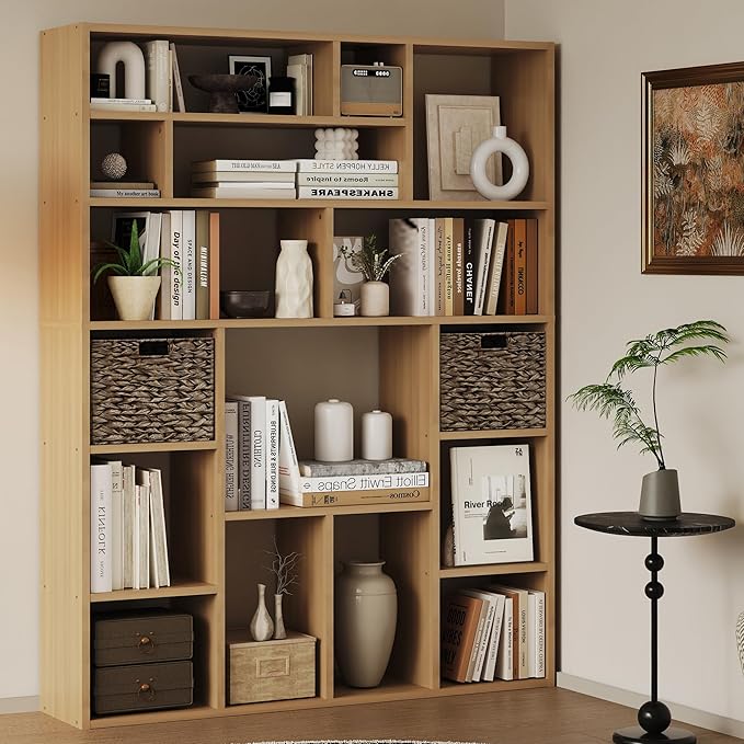 71" Tall 6-Tier Heavy Duty Bookcase with 2 Foldable Storage Baskets, 55" Wide Open Bookshelf with 16 Irregular Cubes for Living Room, Office （Yellow）