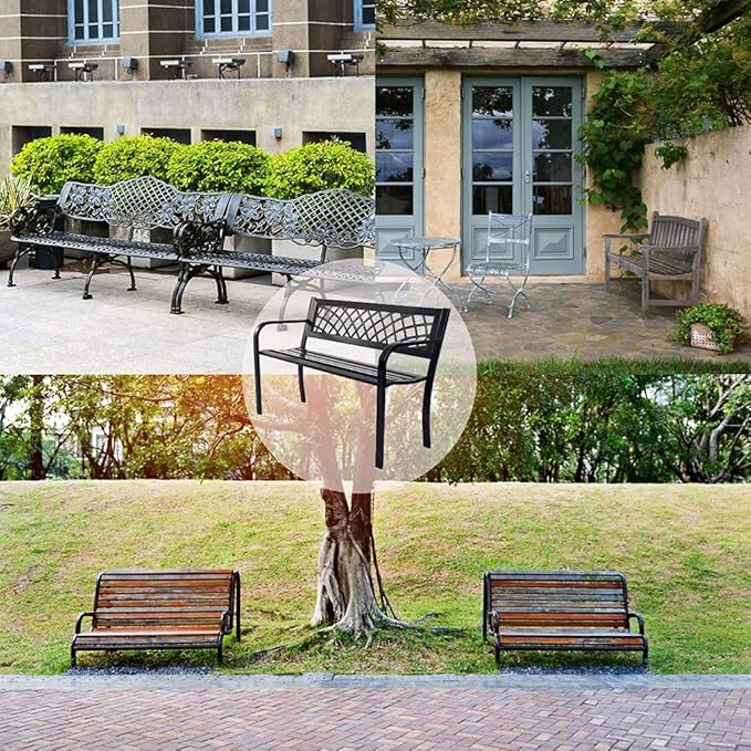 Garden Bench,Outdoor Benches,Iron Steel Frame Patio Bench with Mesh Pattern and Plastic Backrest Armrests for Lawn Yard Porch Work Entryway,Black