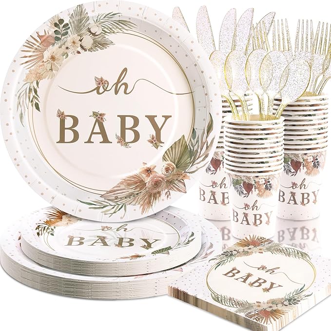 140 Pcs Boho Baby Shower Decorations for Girl, Baby Shower Plates and Cups and Napkins Sets, Oh Baby Plates for Western Sweet Baby Girl, Summer Fall Neutral, Serves 20