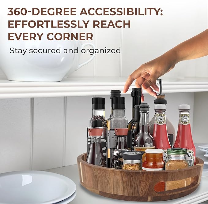 Lazy Susan for Table top 12 inch Wooden Large Lazy Susan Turntable Tray Organizer for Cabinet, Dining Table Centerpiece, Pantry, Kitchen Spice Cabinet Countertop Organizer, 100% Acacia Wood