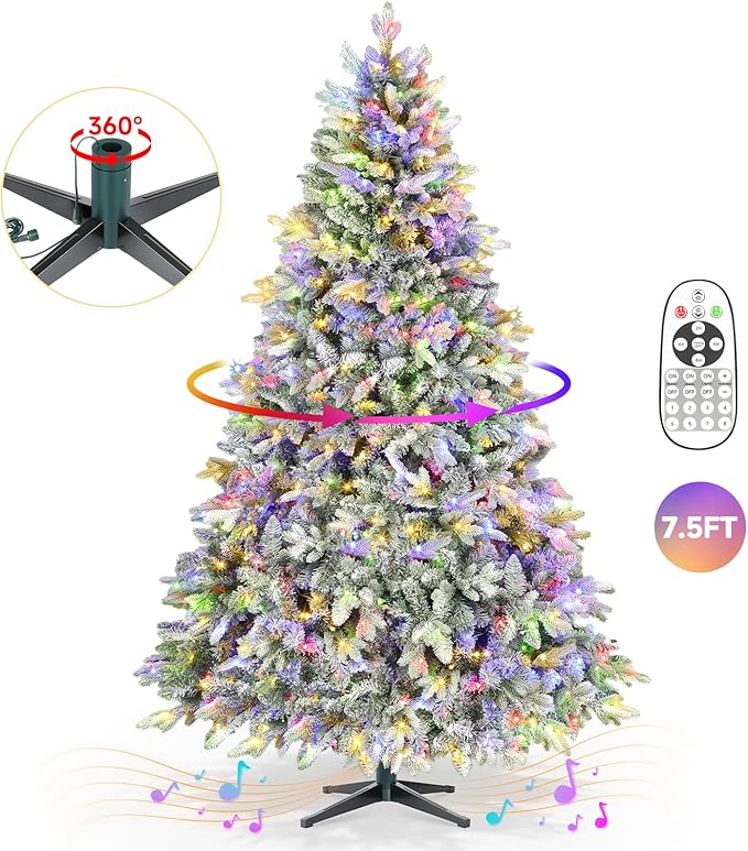 7.5ft 360° Rotating Pre-Lit Snow Flocked Christmas Tree, Built-in Music, Remote Control, 8 Light-Modes, White Christmas Tree for Home Decor