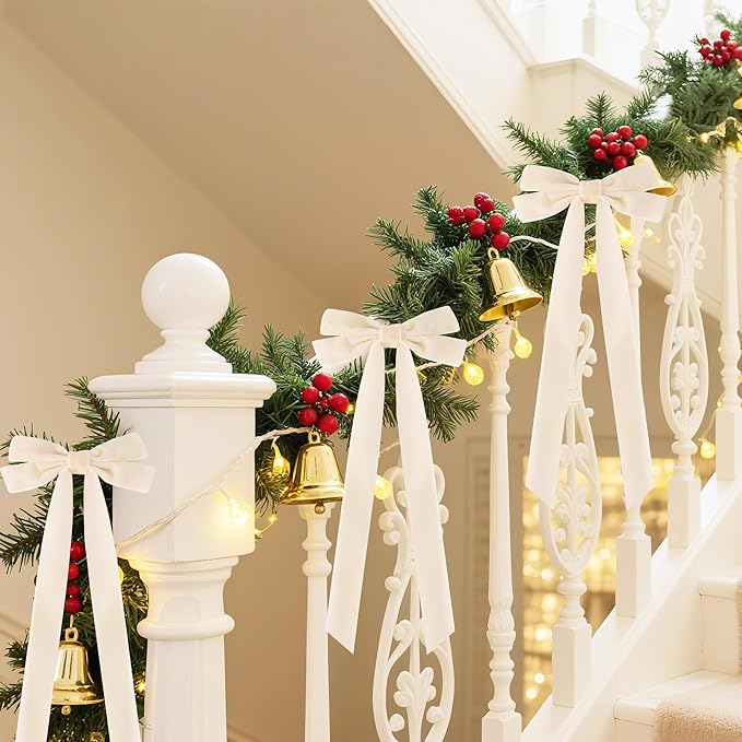 Senjie Velvet Large Christmas Bows for Staircase Garland Wreath, 20in x 8in Vintage Ribbon Bows with Twist Tie for Xmas Tree Holiday Indoor Outdoor Decorations (6Pcs, Beige)