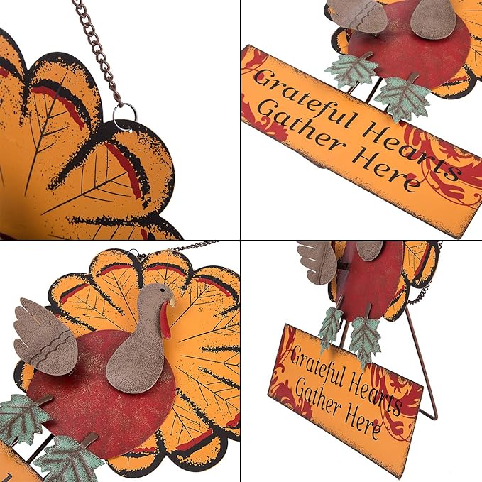 Ogrmar Thanksgiving Metal Turkey Sign Wall Hanging Decoration with bracket for Front Door Ornament Festive Whimsical Halloween Christmas Wall & Tabletop Decor