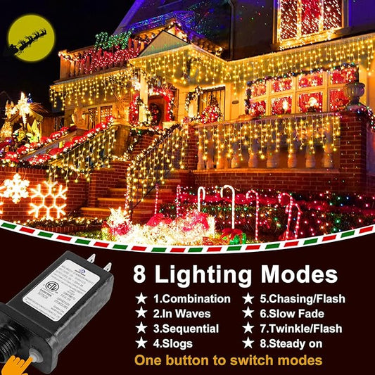 KNONEW Christmas Lights Outdoor Decorations 400 LED 33ft 8 Modes Curtain Fairy String Light with 75 Drops, Clear Wire LED String Light Indoor Decor for Wedding Party Christmas Decorations Warm White