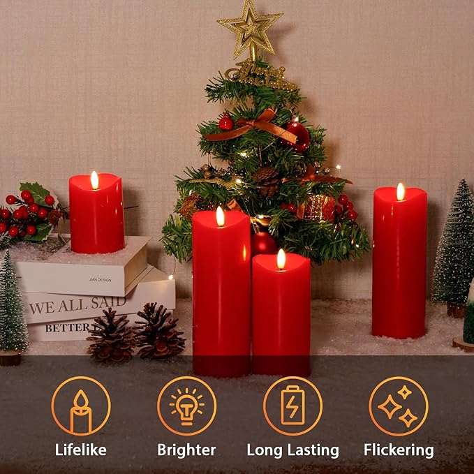 NURADA Outdoor Flameless Candles with Remote Timer - Waterproof Realistic Flickering LED Pillar Electric Battery Operated Fake Candle for Home Wedding Christmas Decor - 2 Pack Red(D3”H6”6”)