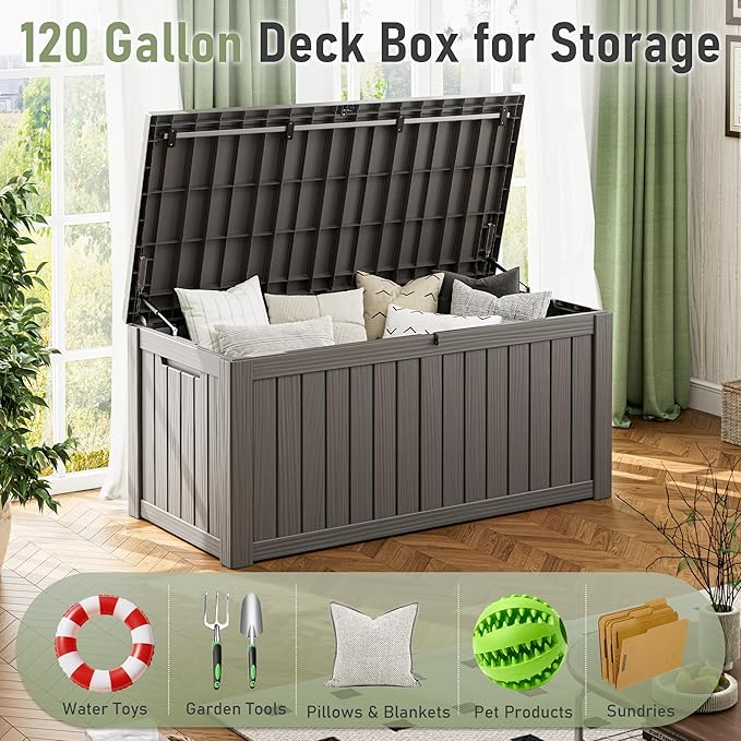 KAMABOKO Outdoor Storage Box, 120 Gallon Large Outdoor Resin Deck Box, Storage Waterproof Boxes Lockable Lid for Garden Tools, Pool Supplies, Patio Furniture and Cushions, Grey