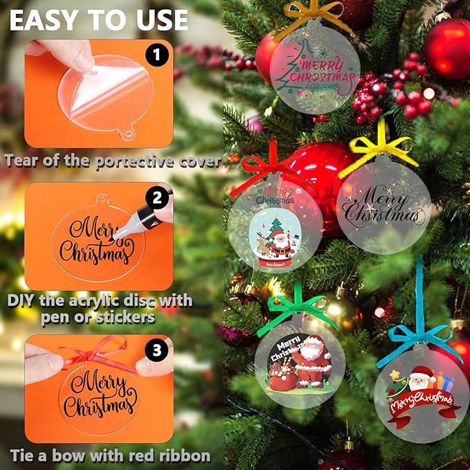 50 Pieces Christmas Hanging Ornaments Set 3''Christmas Ornament Acrylic Blank with 50Pcs 25 Color Ribbons for Christmas Tree DIY Decor (Classic Style, 50.00)