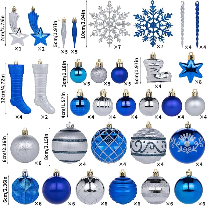 150PCS Blue and Silver Christmas Ornaments, Shatterproof Christmas Ball Ornaments Set, Assorted Christmas Baubles Hanging Decorations for Xmas Tree Home Festival Party Wedding (Blue & Silver)