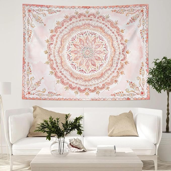 Fowocu Boho Floral Mandala Tapestry Wall Hanging Pink Bohemian Flower Medallion Tapestry Aesthetic Watercolor Hippie Indian Small Tapestries for Bedroom Living Room Dorm Decor 60 x 44 Inch