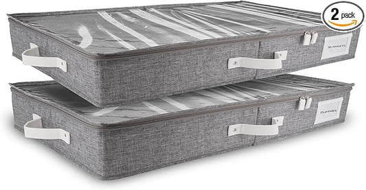 HOMELUX THEORY 2pc Low Profile Under Bed Storage Containers, Thin Under Couch Storage Organizer with Bins & Lids, Underbed Storage Box Ideal for Seasonal Clothes, Blankets, Fabric & Shoes (LightGray)