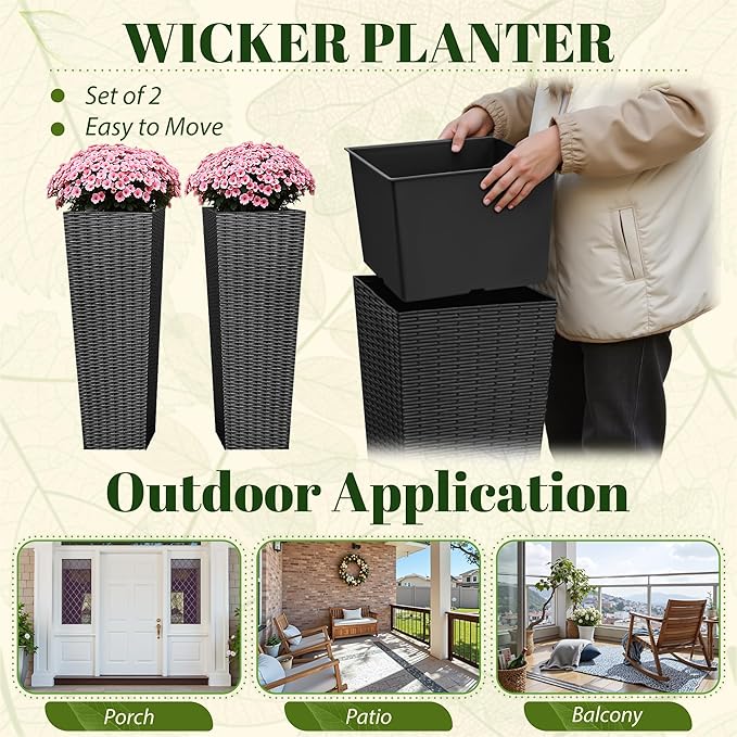 JUMMICO Set of 2 Resin Rattan Tall Planters for Outdoor Plants, Large Tapered Planters with Drainage Holes&Inner Trays, Flower Pots for Garden, Patio, Porch, Backyard (Black, 32'')