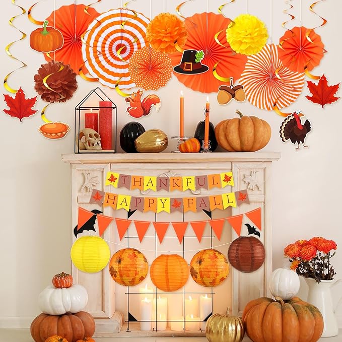 28 Pcs Fall Party Decoration Thanksgiving Party Supplies Include Thankful Happy Fall Banner Autumn Paper Lanterns Pom Pom Hanging Fans Bunting Garland Swirl Streamers for Thanksgiving Harvest