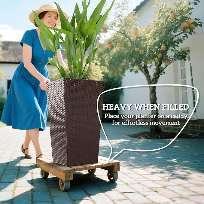 Outsunny Tall Planters for Outdoor Plants Set of 3, 24 in Taper Planters with Drainage Holes, Rattan Decor Plant Pots for Indoor Outdoor Front Porch Patio Backyard, Brown