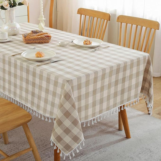 JIALE Gingham Tablecloth Rectangle Cotton Linen Fabric Checkered Table Cloth with Tassel Washable Wrinkle Free Buffalo Plaid Table Cover for Outdoor Party Picnic Kitchen Dining, Beige, 55x106