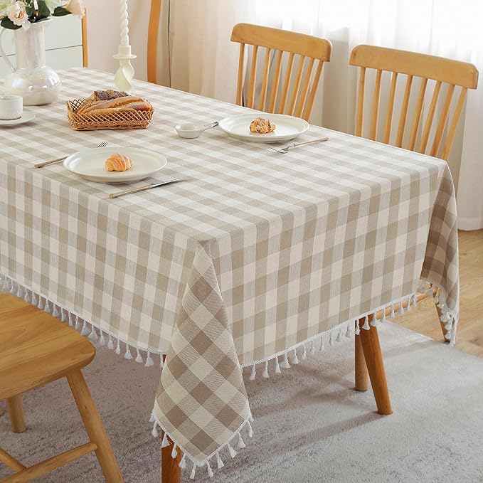 JIALE Checkered Table Cloth Square Cotton Linen Fabric Gingham Tablecloth with Tassel Washable Wrinkle Free Buffalo Plaid Table Cover for Spring Picnic Kitchen Dining, Beige, 55X75''