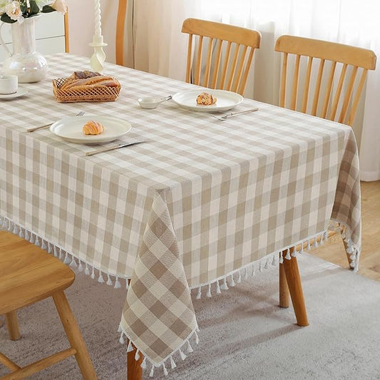 JIALE Gingham Tablecloth Square Cotton Linen Fabric Checkered Table Cloth with Tassel Washable Wrinkle Free Buffalo Plaid Table Cover for Outdoor Party Picnic Kitchen Dining, Beige, 55x55
