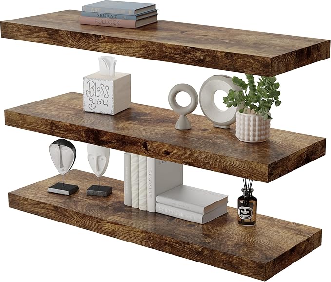 Large Floating Shelves for Wall Set of 3 Wooden Wall Shelves 36 in x 12.75 in x 2 in Room Decor Long Shelf with Invisible Wall Mount Bracket for Bedroom Kitchen Living Room Rustic Brown