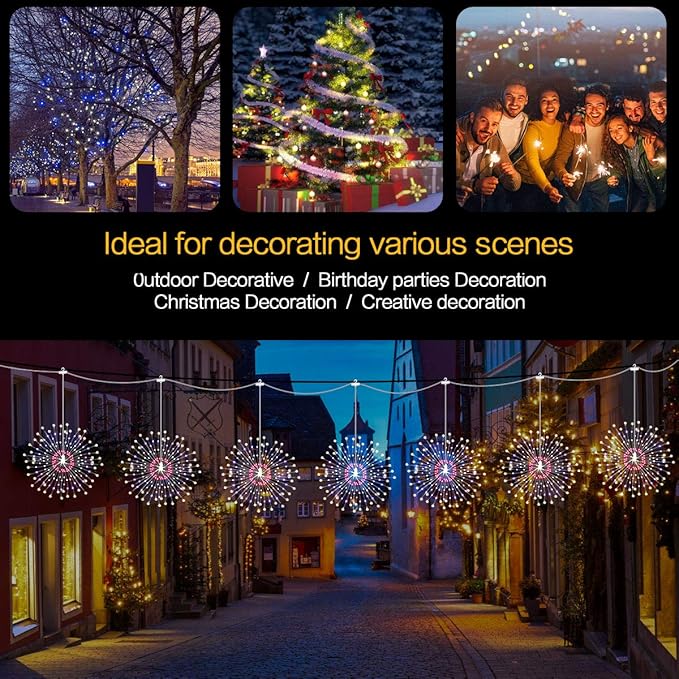 Firework Lights 6 Pack 180 LED Copper Wire Starburst With 8 Models, Power Supply Fairy With Remote Control, Waterproof Outdoor Hanging