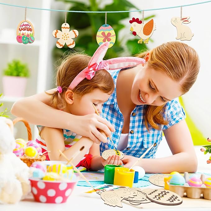 80PCS Wooden Easter Ornaments to Paint, 8 Styles DIY Blank Unfinished Wood Cutouts Ornament for Crafts Hanging Decorations, Egg Rabbit Bunny Butterfly Flower Hen Happy Easter