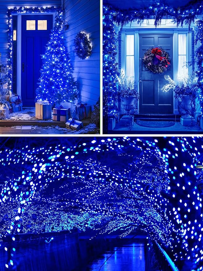 Solar Christmas Lights Outdoor Decorations Waterproof, Tatal 4 Pack 400LED 132FT Blue Solar String Lights Green Wire with 8 Modes, Christmas Fairy Light for Xmas Tree Party Wedding Yard Garden Decor