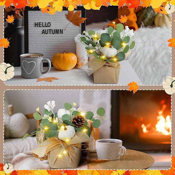 Janinka 2 Set 11 Inch Fall Decorations for Home White Pumpkins Eucalyptus Tables Centerpieces Artificial Pine Cones Berry Stem Picks Decor with 20 LED Lights for Autumn Thanksgiving Decorations