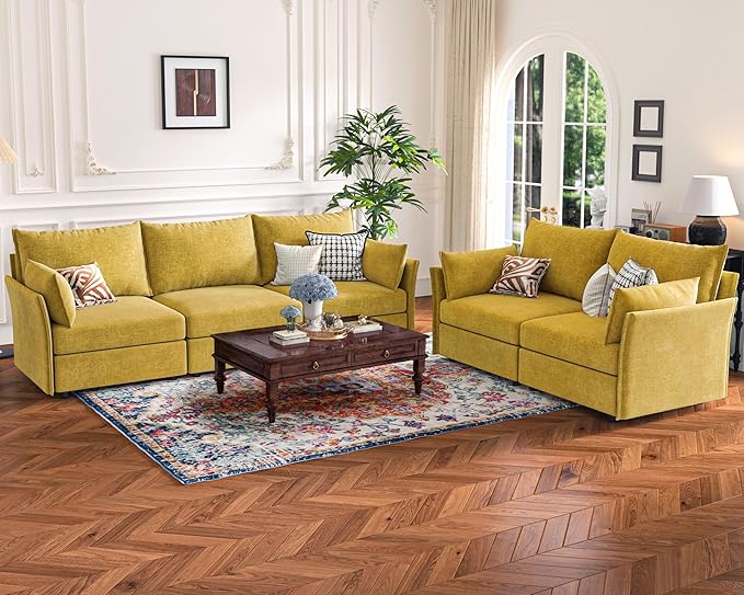 134.6" Modular Sectional Sofa, Oversized 4 Seater Couch with Removable Yellow Chenille Fabric Cover, Deep Seat & High Backrest for Living Room, Office & Apartment