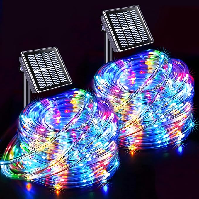 JMEXSUSS 2 Pack 100 LED Solar Rope Lights, IP 65 Solar Rope Lights Outdoor Waterproof, 33ft 8 Modes PVC Tube Trampoline Light for Fence Walkway Path (Multicolor)